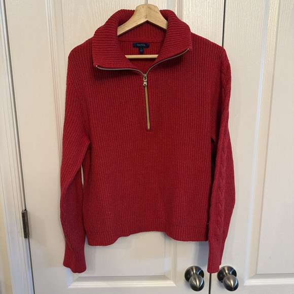 Nautica Sweaters - Nautica Sustainably Crafted Half-Zip Cable-Knit Sweater Women's Size Large Red
